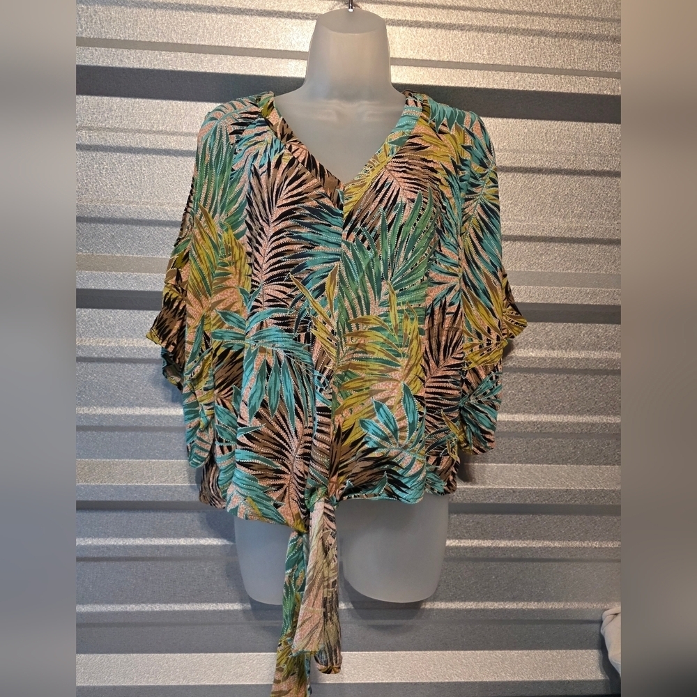Democracy Green and Brown Leaf Print Blouse